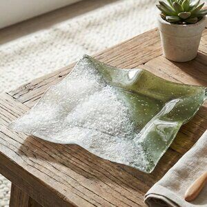 Overshot Art Glass Style Olive Green White Square Dish 7.5" diagonally split